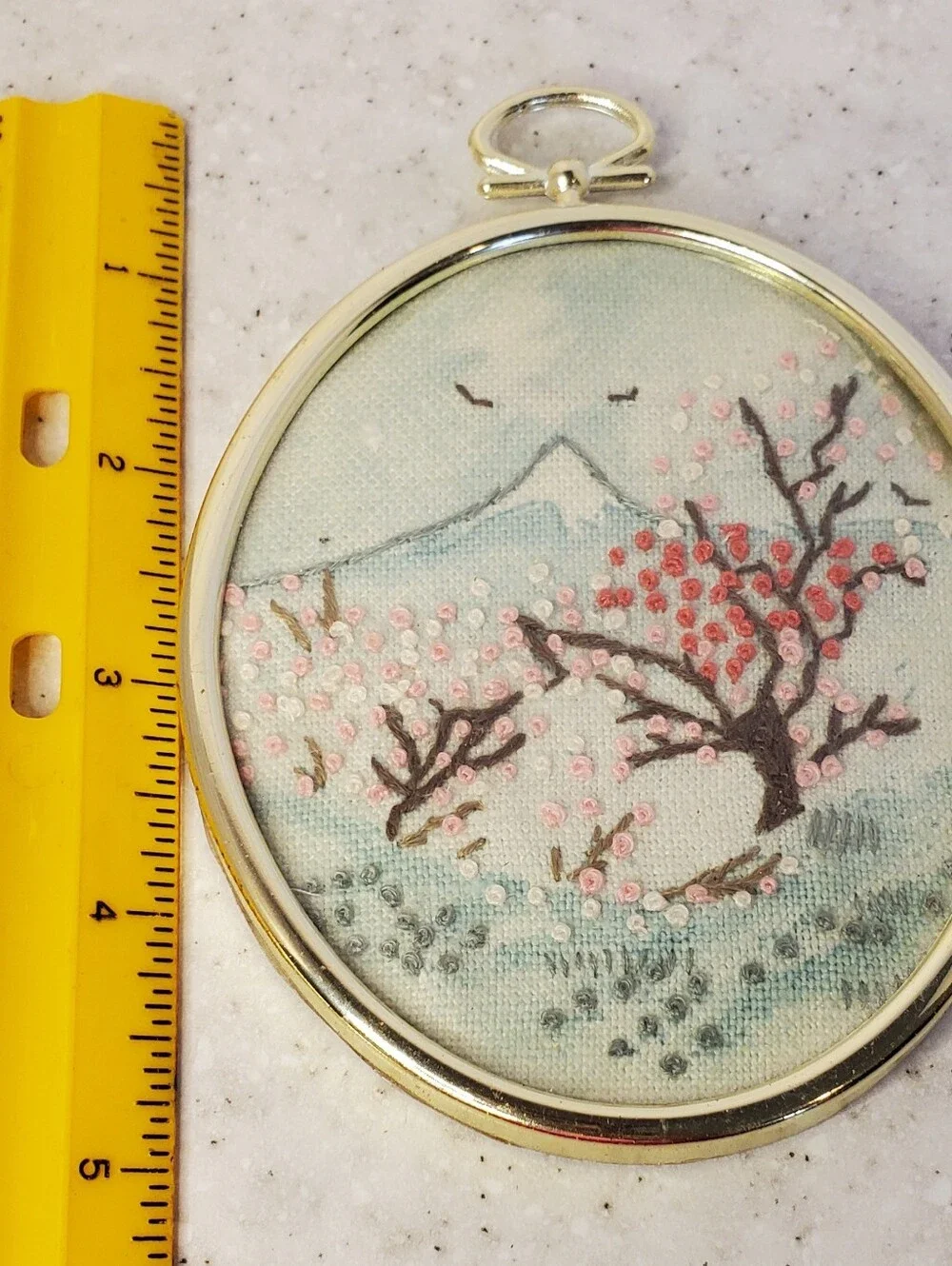 Vintage Asian Embroidered Wall Hanging Set Pagoda Cherry Blossom Gold Frame 5x3.